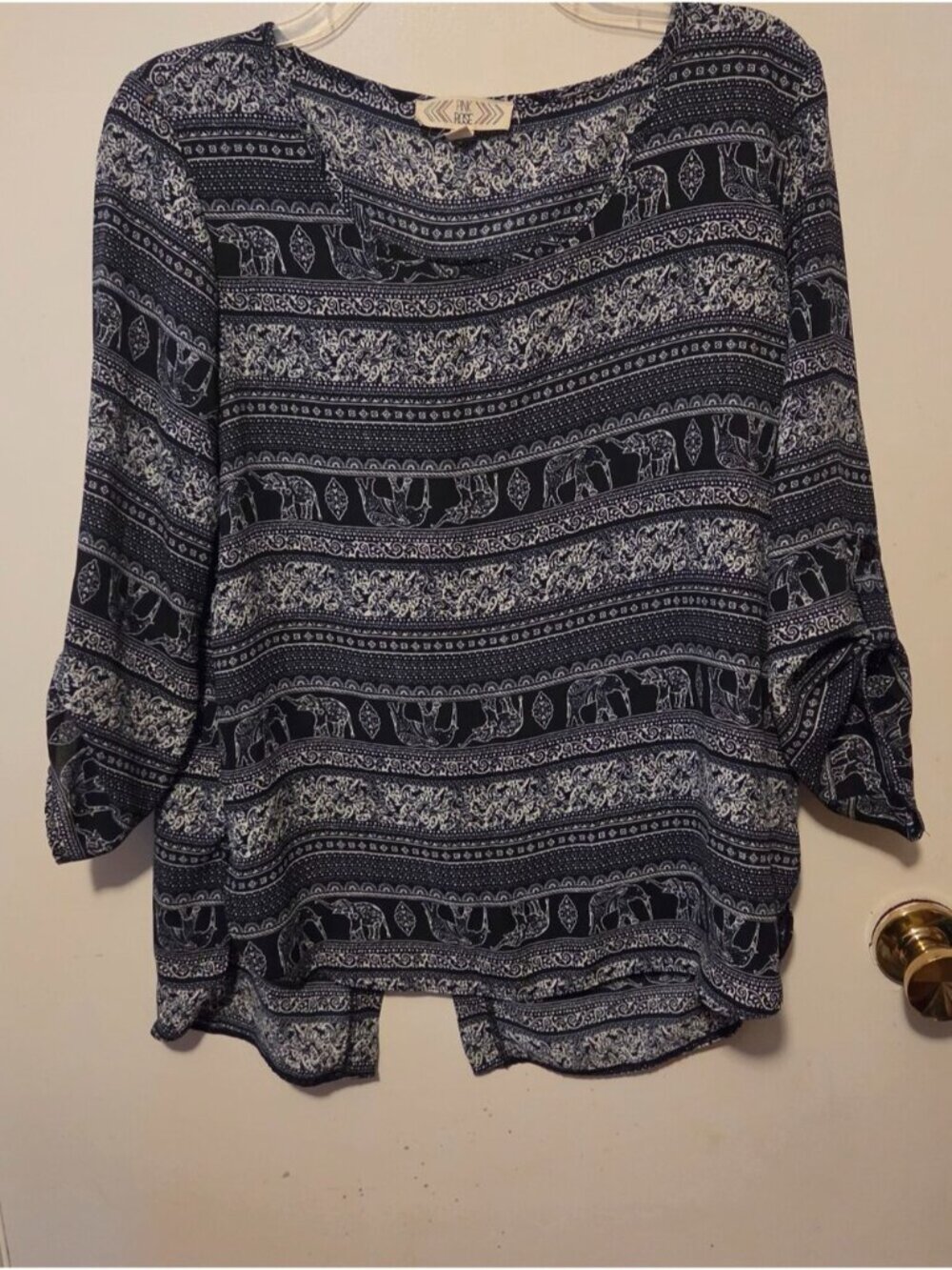Navy & White Patterned Boho Blouse
